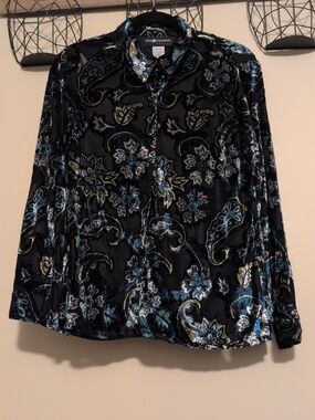 Sag Harbor Paisley Sheer Velvet Button Up Blouse